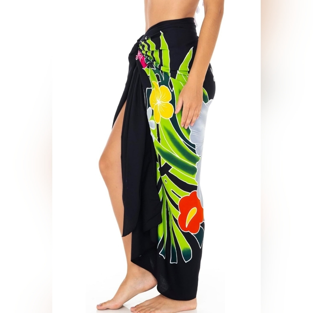 SHU-SHI Hand-Painted Hibiscus Sarong Beach Cover-Up Pareo Wrap BNWT - Picture 5 of 7